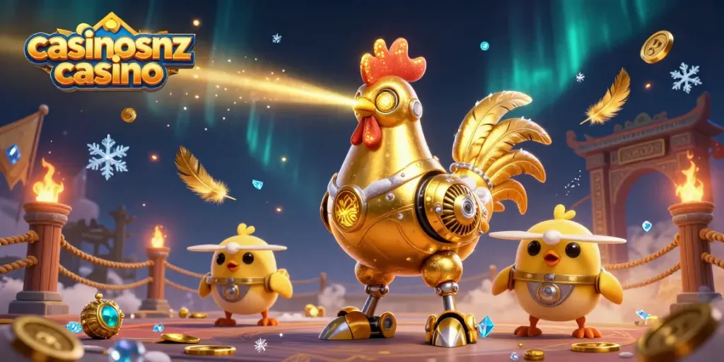 Experience thrilling gameplay at casinosnz casino with a dynamic 3D illustration featuring a golden rooster robot.