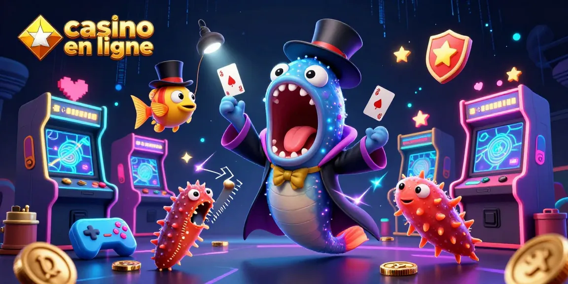 Illustration 3D représentant un casino en ligne avec un poisson-lanterne, une anguille et un concombre de mer en plein spectacle de magie.
