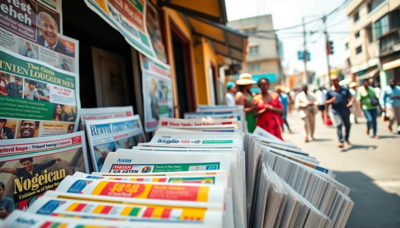 Nigerian Newspapers displayed prominently at a busy newsstand, showcasing vibrant headlines.