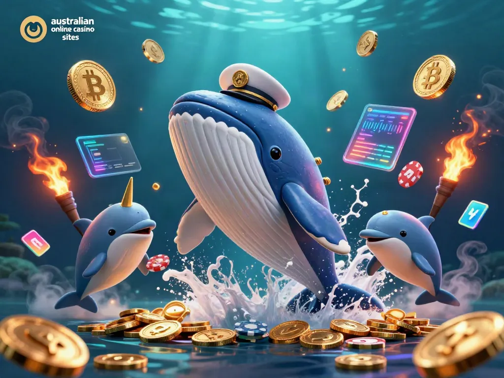 Experience the thrill of australian online casino sites with a whimsical whale and playful dolphins amidst coins and crypto elements.