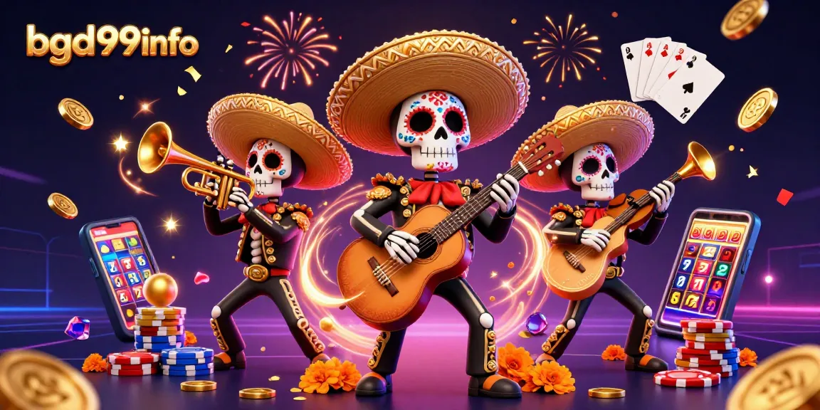 Engage with the dynamic scene featuring bgd99info, a captivating casino illustration with mariachi skeletons amidst vibrant gambling elements.