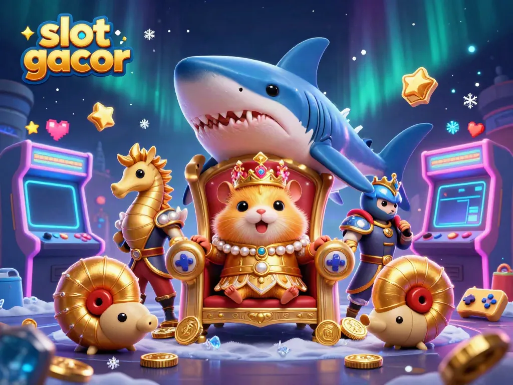 Slot gacor gambar ilustrasi yang menampilkan raja hamster bermahkota dengan latar belakang kasino yang meriah.