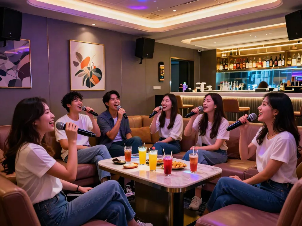 강남 달토에서 친구들과 함께 노래를 부르는 즐거운 모습과 활기찬 분위기