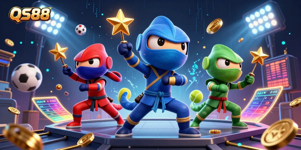 Experience thrilling gameplay at QS88 with a dynamic 3D illustration of ninja chameleons and sports elements.