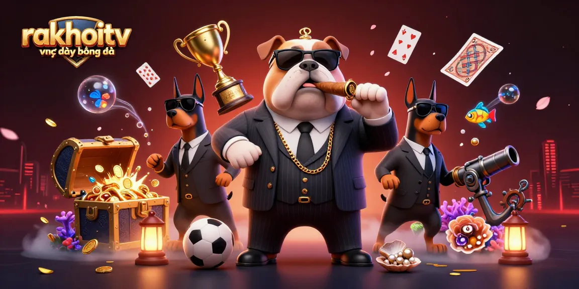 Experience rakhoitv trực tiếp bóng đá with an explosive 3D casino illustration featuring a mafia bulldog.