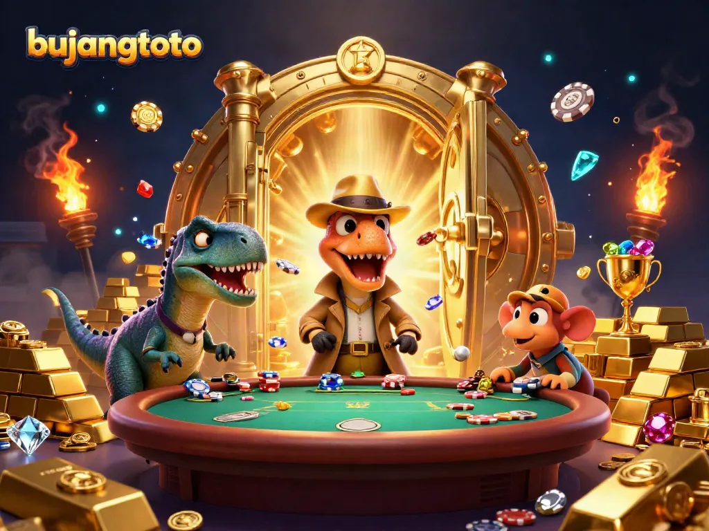 Experience excitement with bujangtoto, featuring a hilarious velociraptor card counter at a poker table.