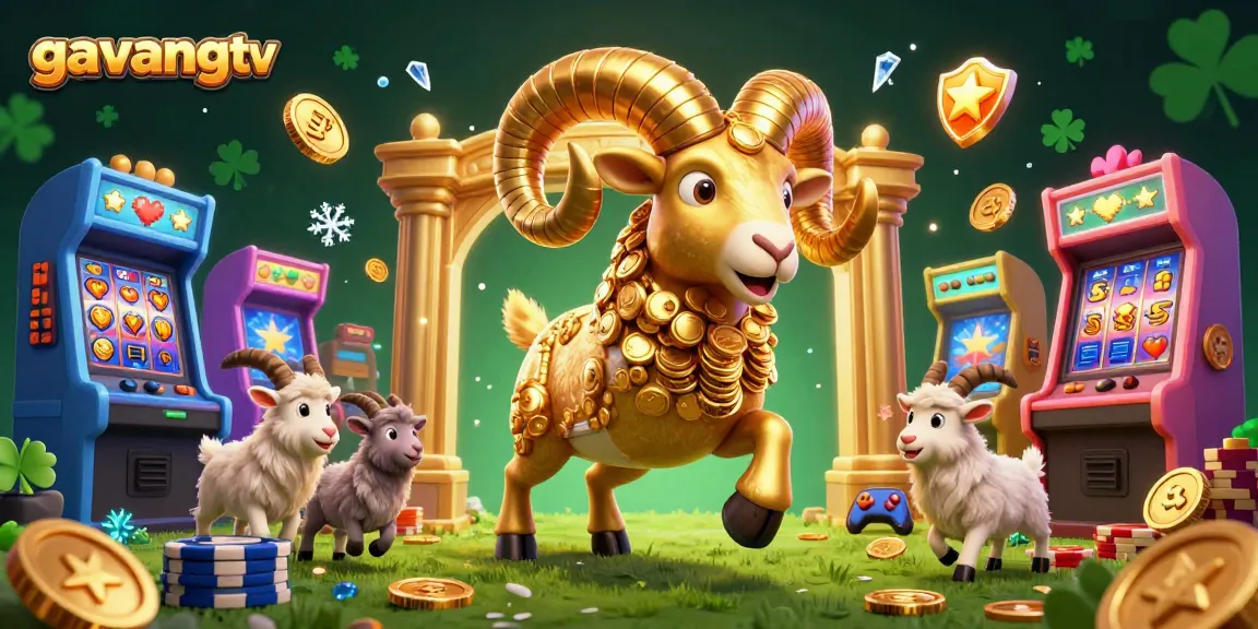 Experience the thrill of slots with gavangtv's stunning casino illustration depicting a charging golden ram amidst exciting game elements.