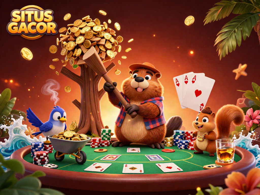 SITUS GACOR scene showcasing a beaver and friends collecting golden coins amidst lively poker elements.
