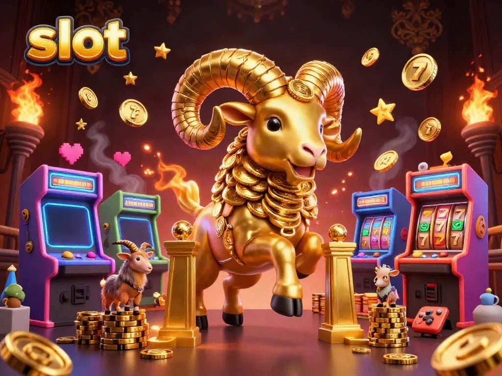 Engage in thrilling slot gameplay with an adventurous golden ram charging through a casino