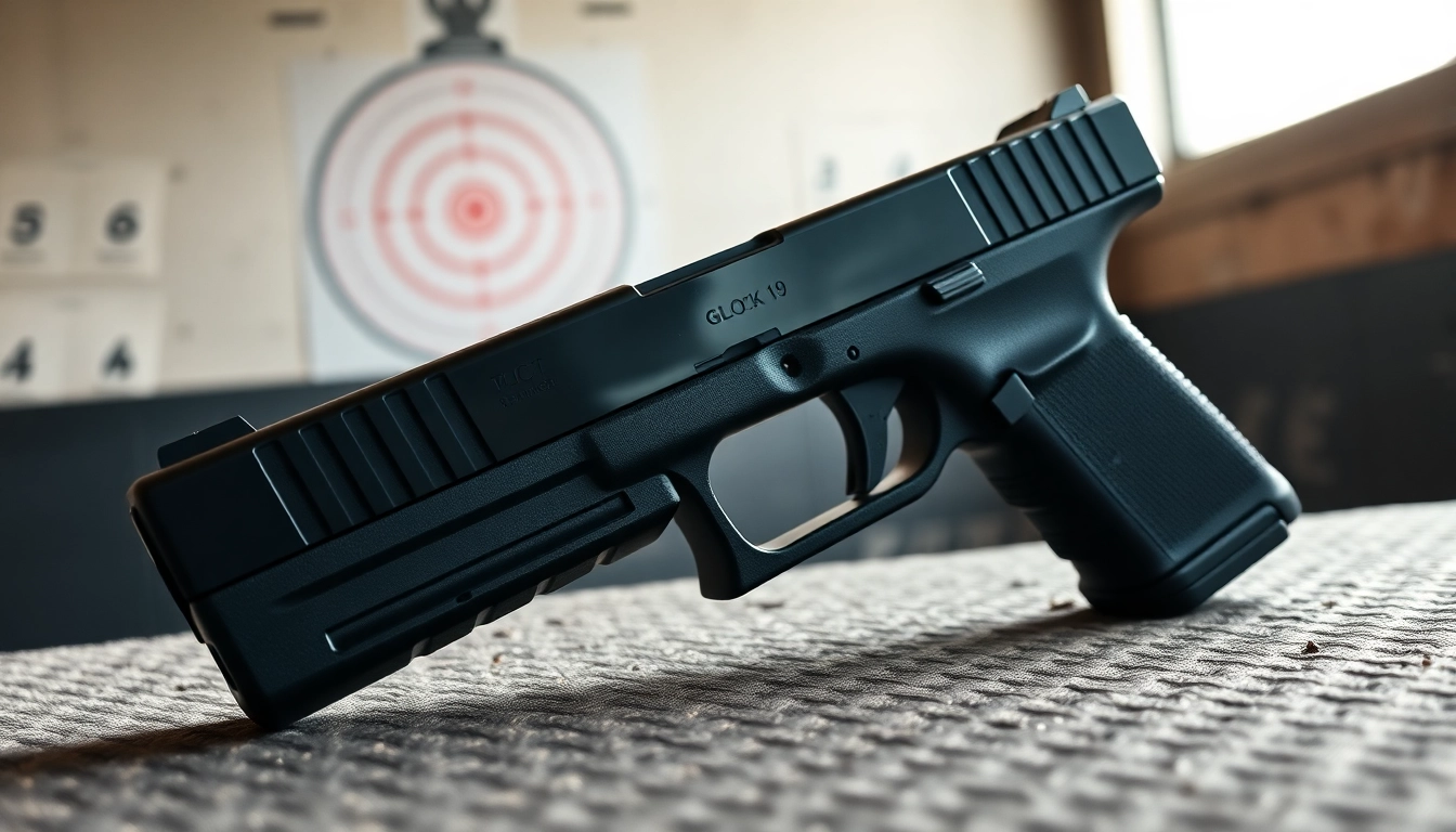 Showcasing a glock 19 slide with tactical details in a serene shooting range setting.