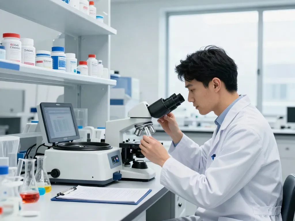 Scientist examining Swiss Chems peptide products in a modern lab.
