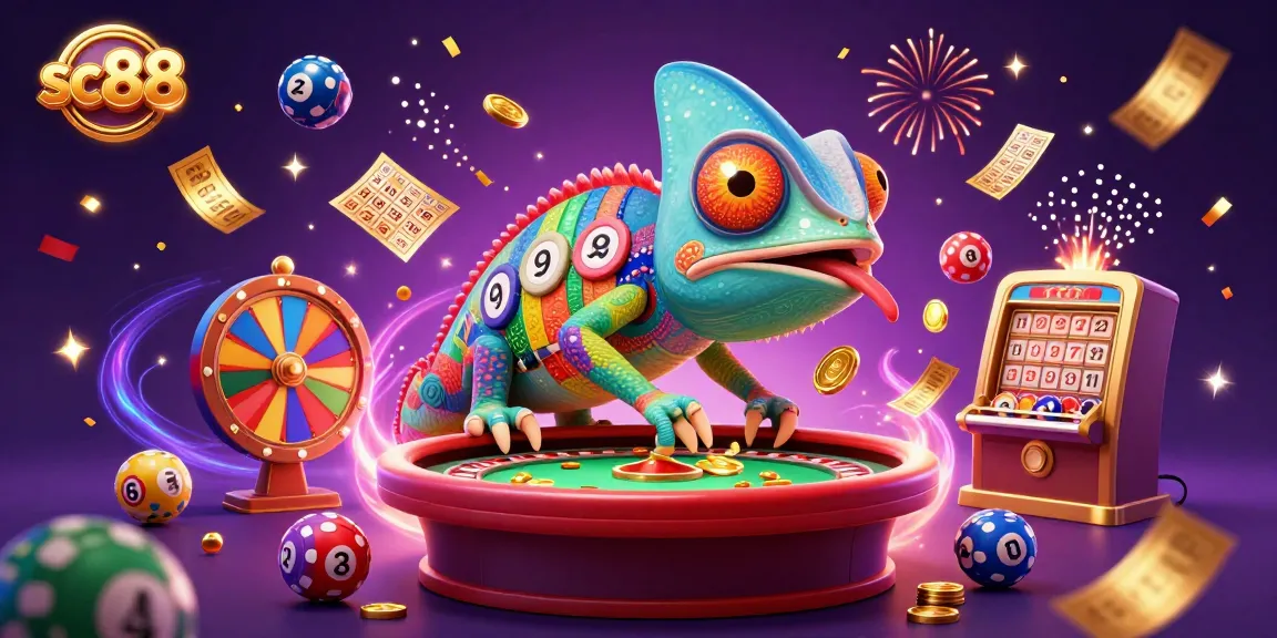 sc88 cartoon chameleon casino owner capturing golden coins in a vibrant gambling scene.