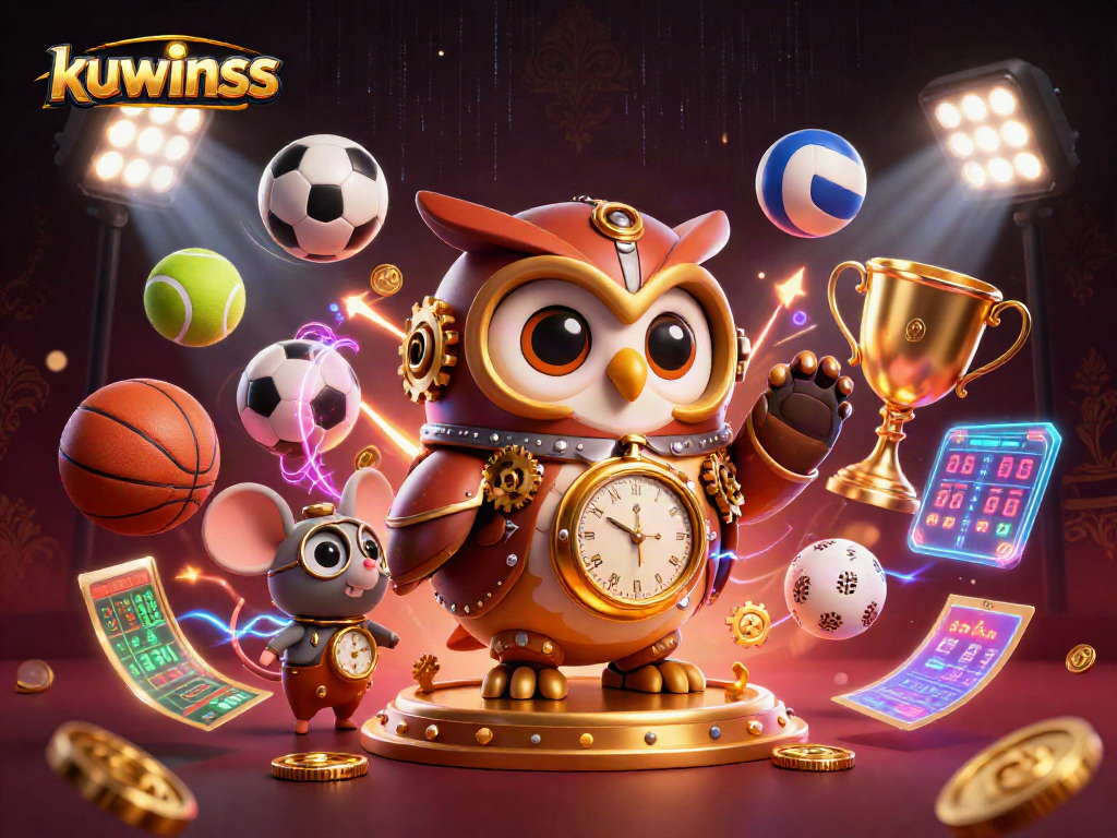 Kuwinss showcases an engaging 3D digital illustration of an owl time traveler amidst vibrant casino elements, enhancing your gaming experience.