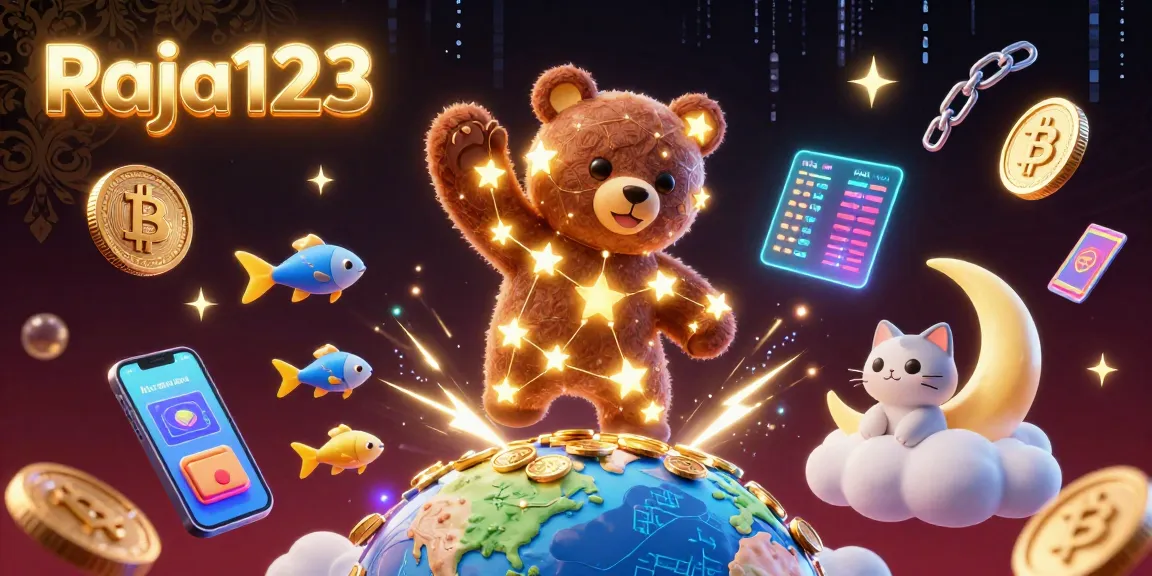 Experience the excitement of Raja123 with dazzling coins and a constellation bear in a vibrant casino scene.