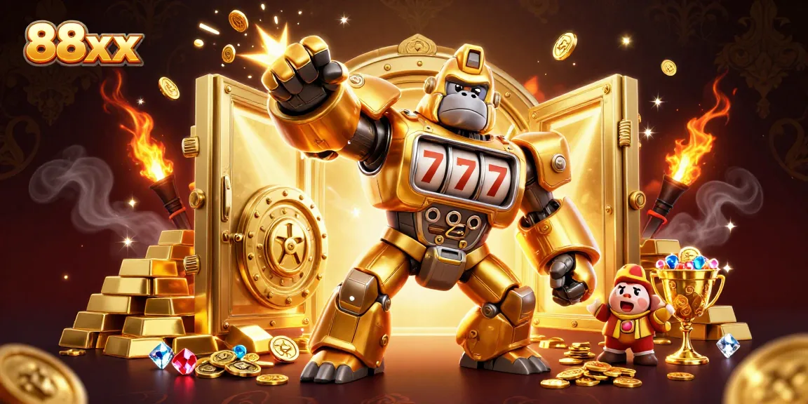 Experience thrilling gameplay with 88xx's golden gorilla mech amidst a cascade of riches.