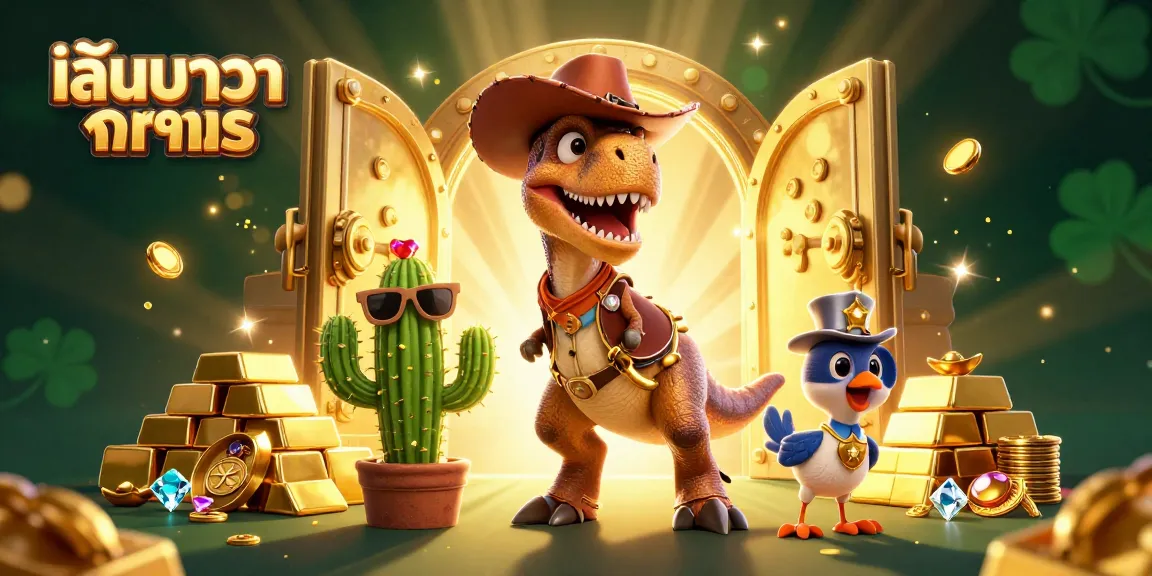 Engage with เล่นบาคาร่าทดลอง in this vibrant casino adventure featuring a T-Rex cowboy!