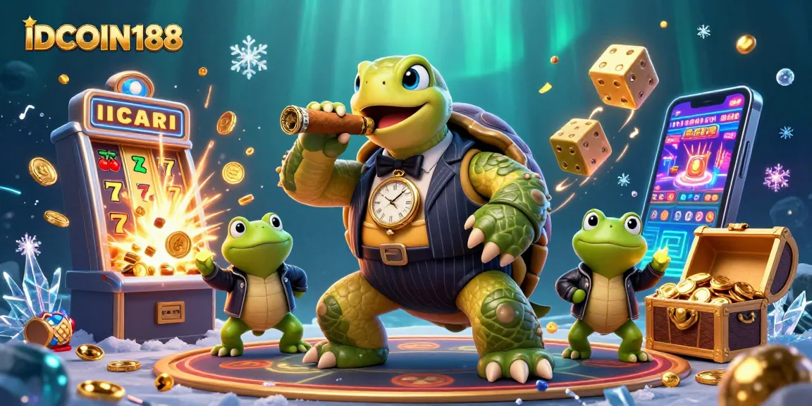 Experience excitement with IDCOIN188's vibrant casino scene featuring a snapping turtle in a mobster suit.