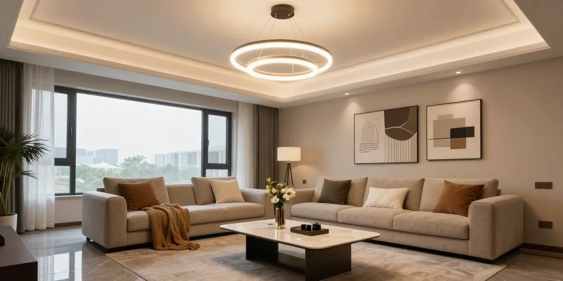 Lustre LED elegante în camera de zi modernă cu iluminare ambientală.