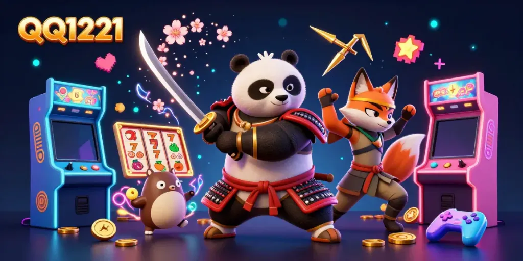 Experience QQ1221's thrilling gameplay with a dynamic samurai panda and ninja fox amidst slot machines.