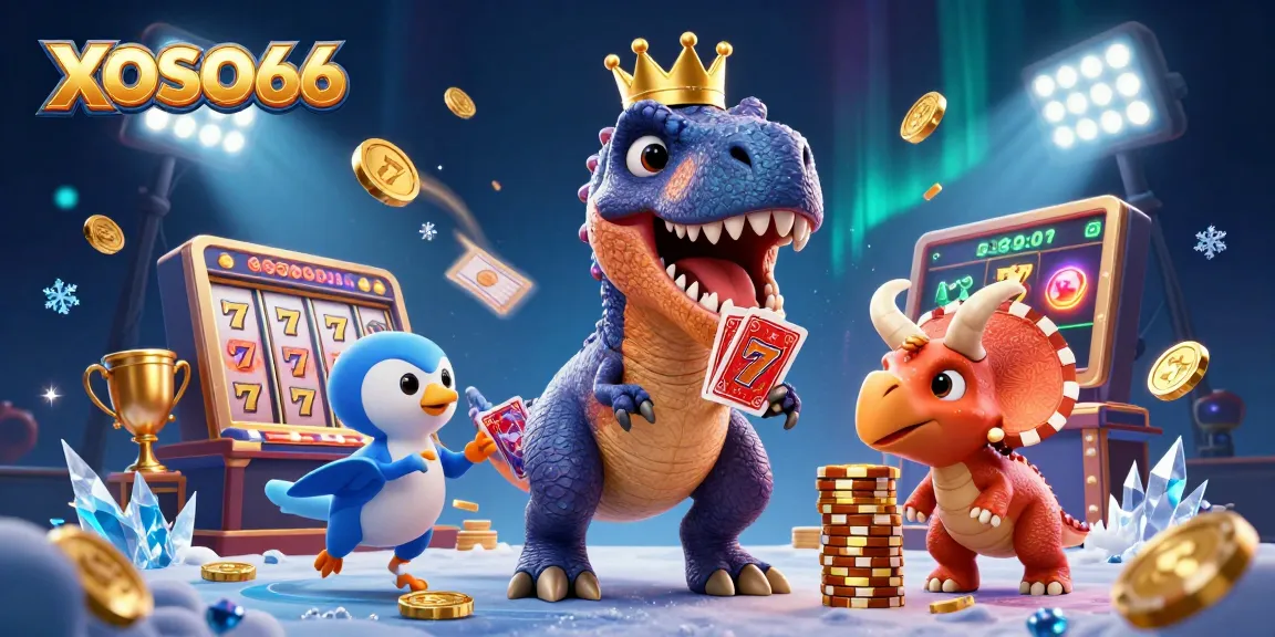 XOSO66 brings gaming to life with vibrant 3D dinosaur characters shuffling cards and stacking chips.