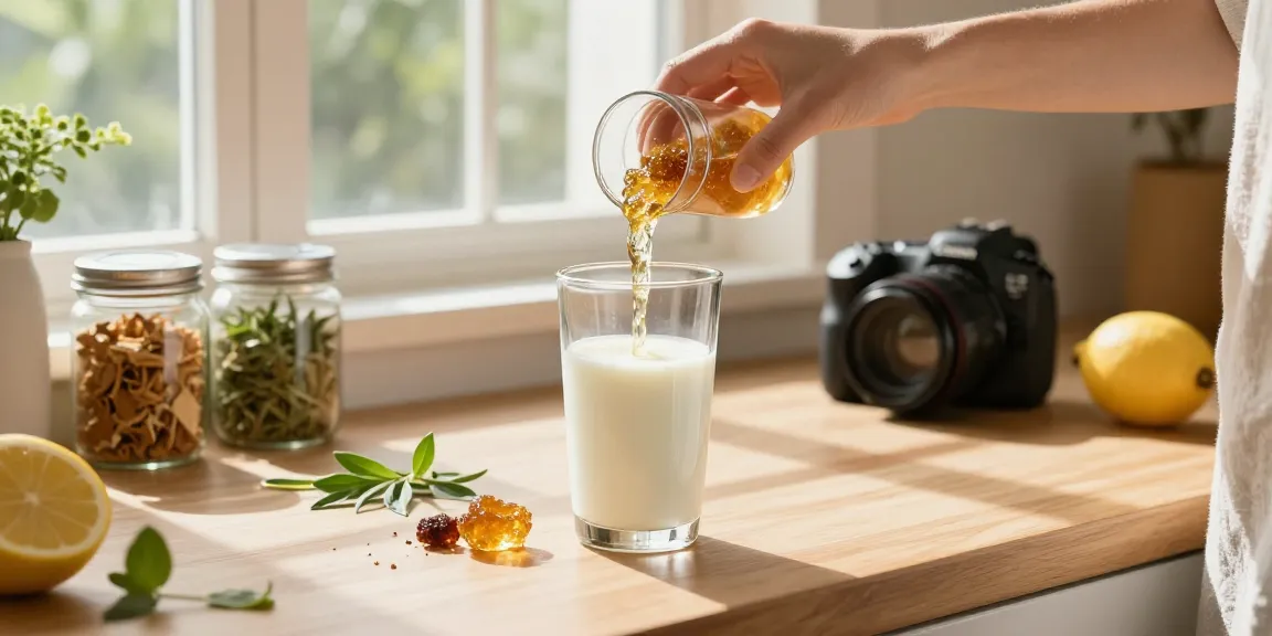 Buy shilajit resin dissolved in warm milk for health benefits in a bright kitchen.