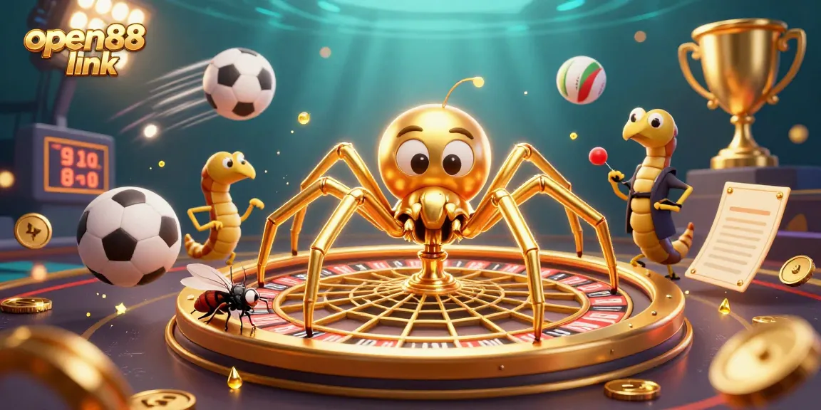 Engaging illustration showcasing the open88 link with a dynamic casino scene featuring a spider and betting elements.