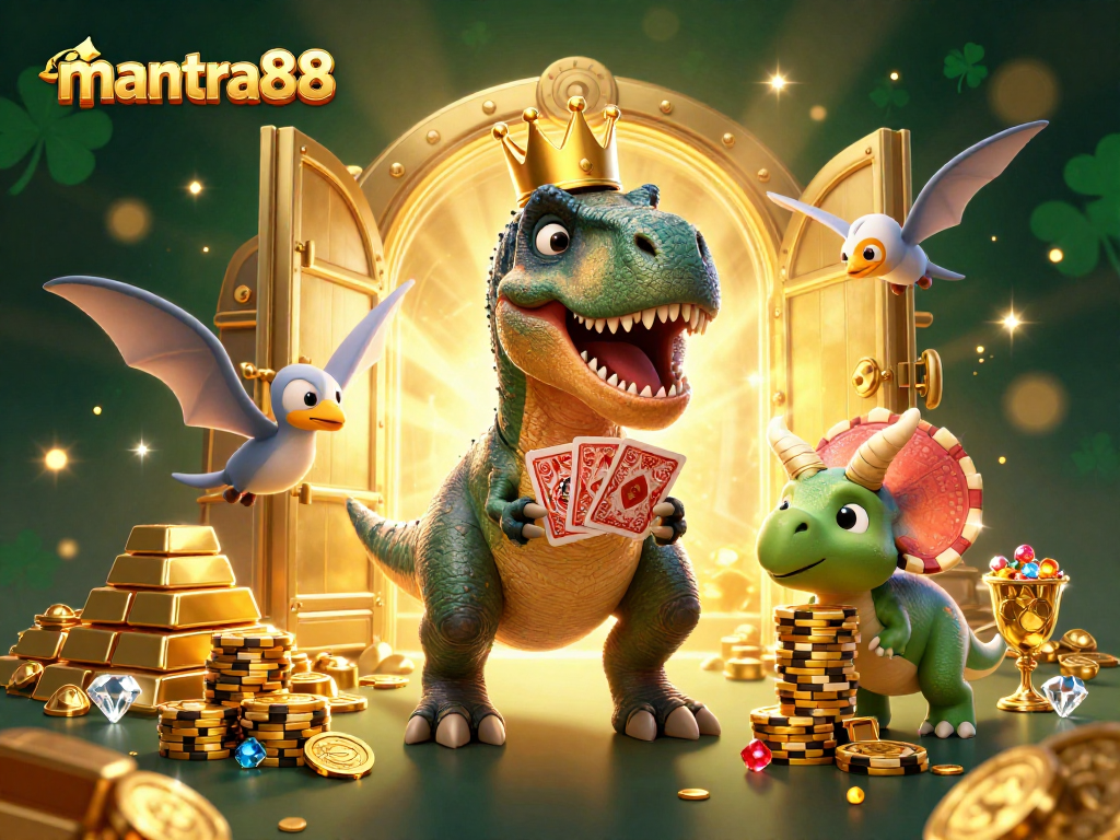 Experience thrilling gaming at mantra88 with T-Rex shuffling cards and dinosaur friends stacking chips.