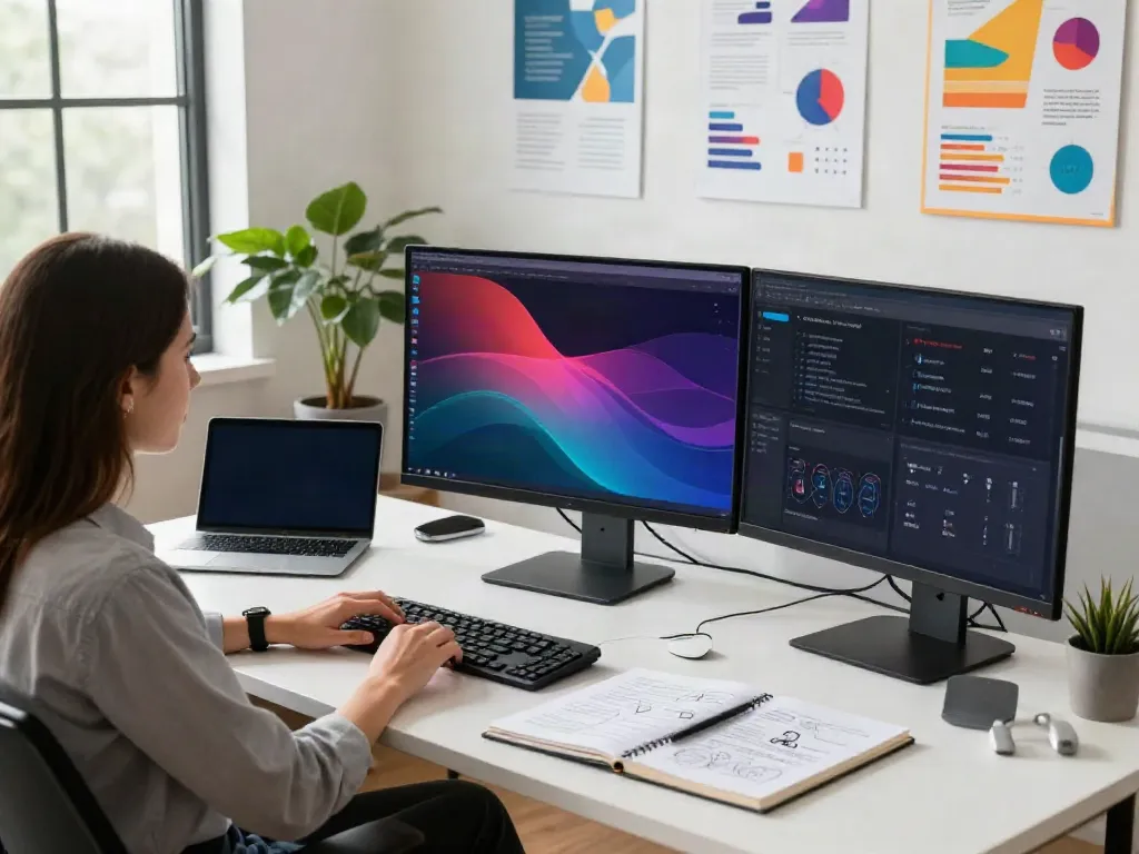 Creative digital marketing workspace showcasing strategies for qqmacan alternatif with vibrant visuals.