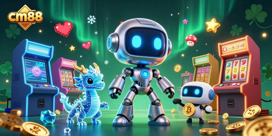 Experience the vibrant world of cm88 with a captivating 3D casino scene showcasing neon robots and gaming elements.