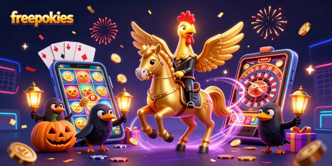 Play freepokies among a vivid casino scene filled with energetic characters and vibrant game elements.
