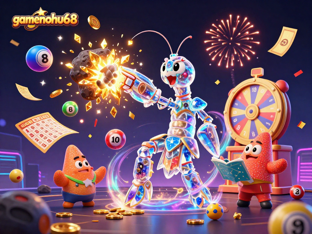 Engage with gamenohu68 through a vibrant 3D casino illustration showcasing thrilling lottery and gaming elements.