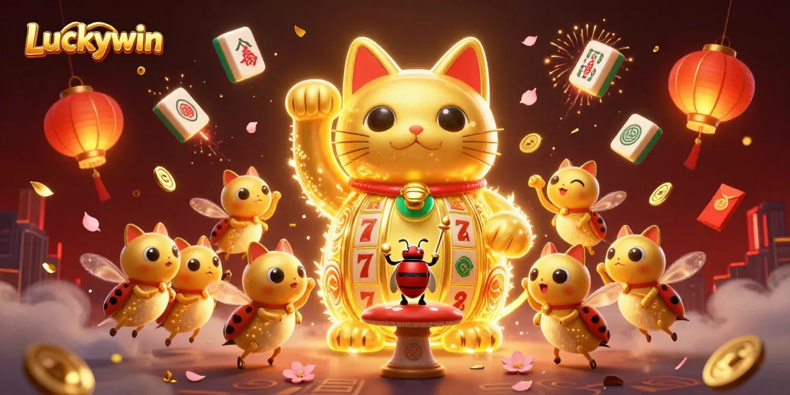 Experience Luckywin's vibrant 3D world with a lucky cat surrounded by casino elements, perfect for gaming enthusiasts.