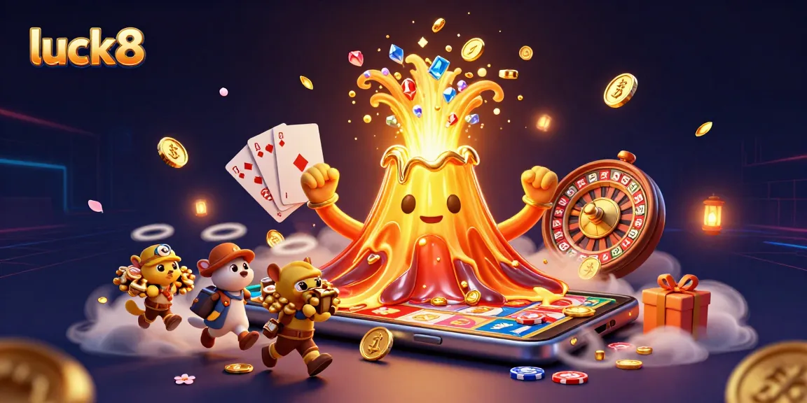 Experience luck8's thrilling games with treasures erupting from a magical volcano in a vibrant casino scene.