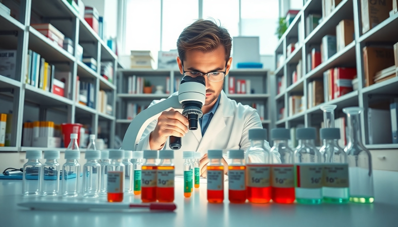 Analyze how much are peptides through this detailed illustration of a scientist examining samples in a lab setting.