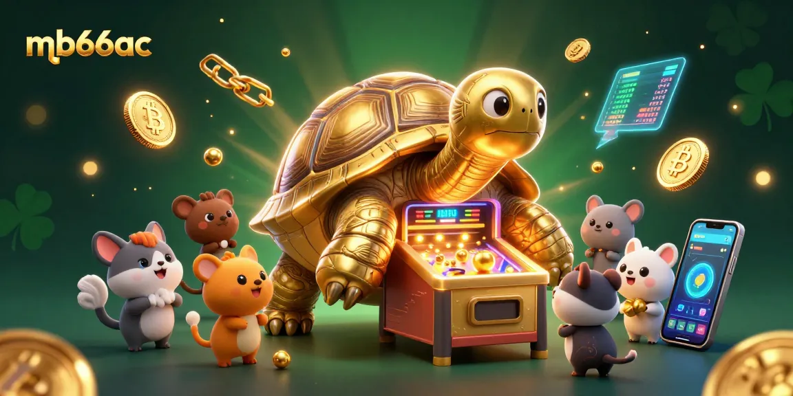 Play thrilling games at mb66ac with a captivating tortoise-themed casino illustration showcasing crypto elements.