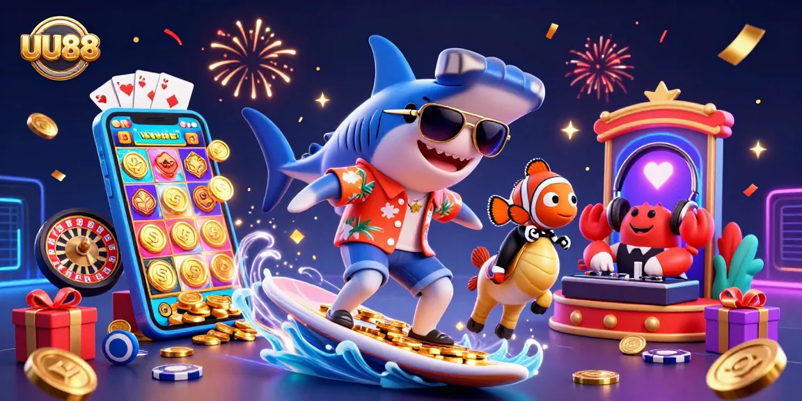 Celebrate big wins and excitement with UU88's vibrant casino experience featuring a cartoon shark!
