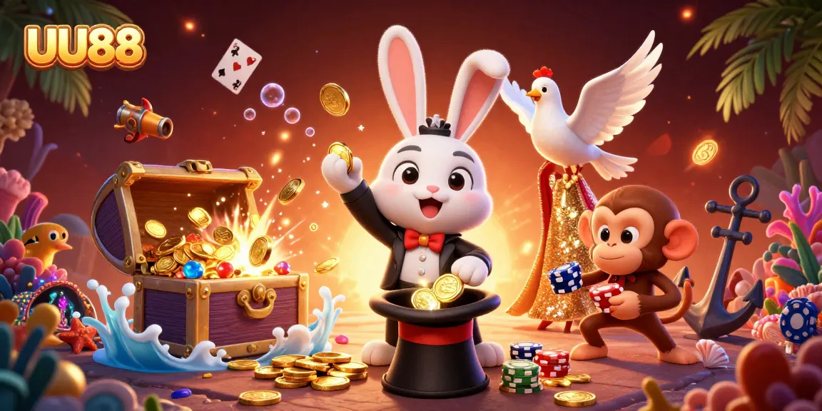 At UU88, experience magic as the rabbit pulls golden coins and poker chips in a vibrant casino scene.
