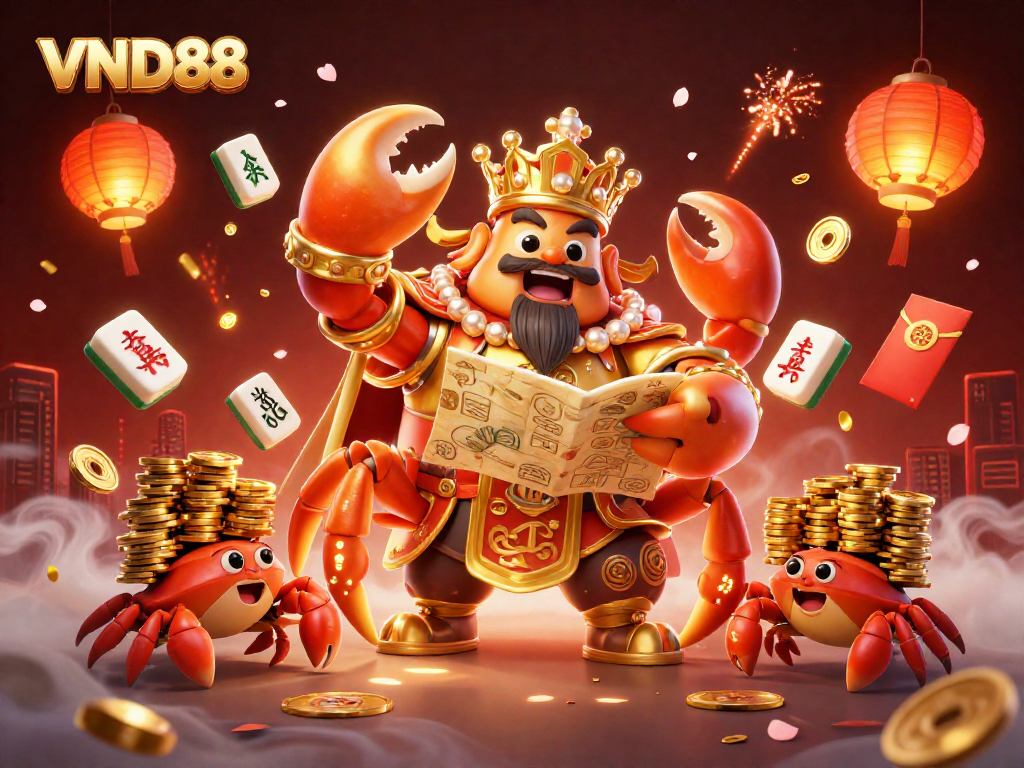 VND88 showcases an emperor crab ruling a vibrant casino world with mahjong tiles and festive decorations.
