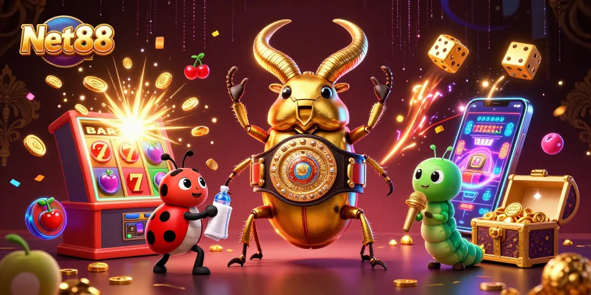 Experience the thrill of Net88 with an action-packed casino scene bursting with jackpots and excitement.