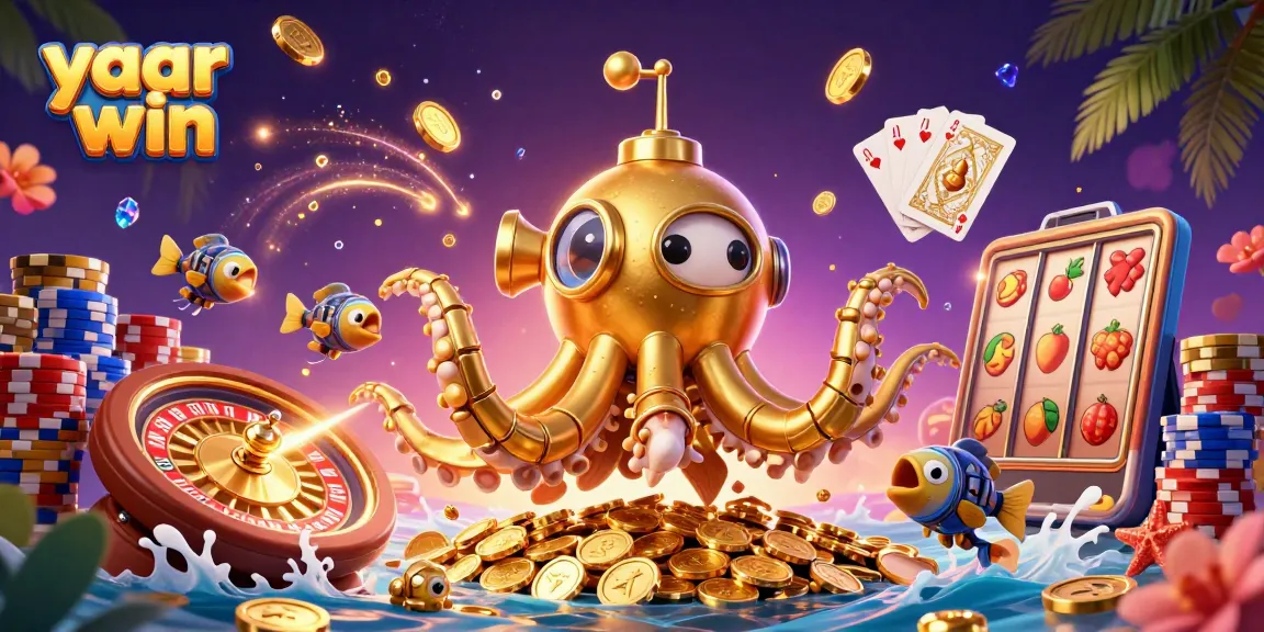 Engage in thrilling gameplay with yaar win, featuring a vibrant 3D kraken submarine amidst rich casino elements.