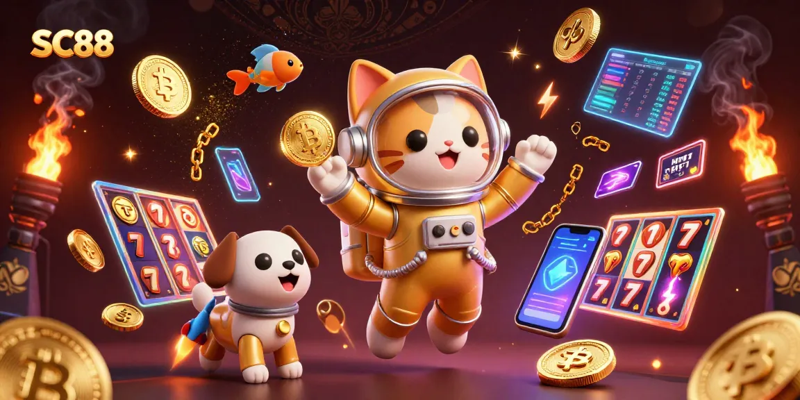 Engage in SC88 with a vibrant 3D casino universe featuring slots, blockchain elements, and cosmic characters.