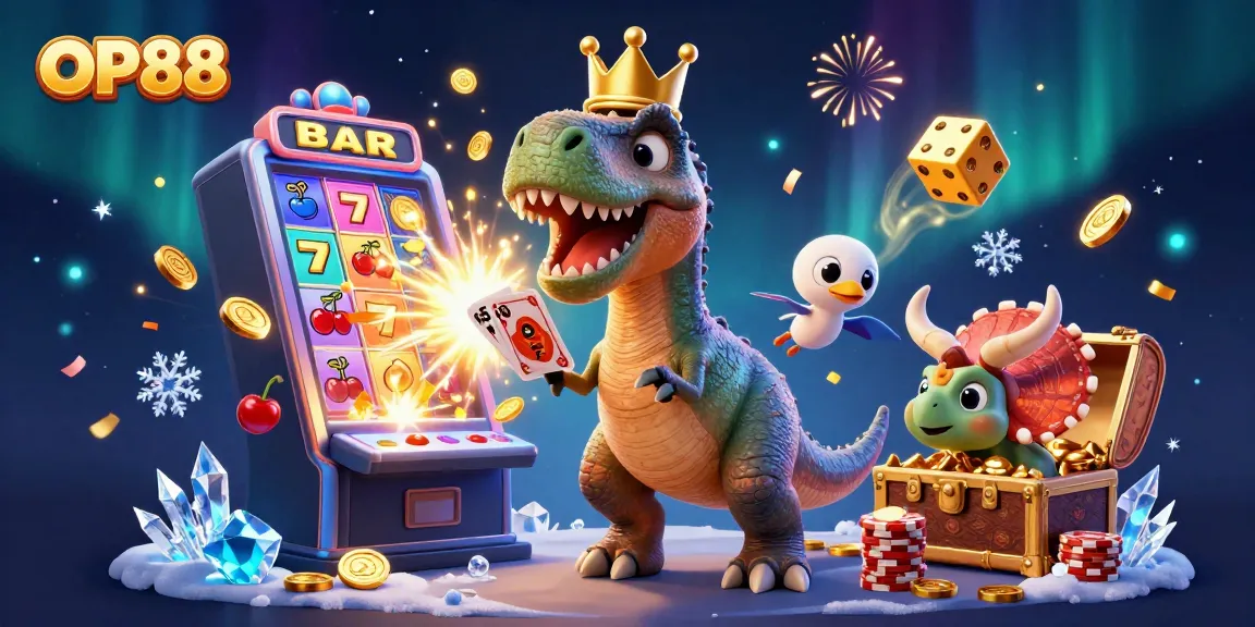 Experience excitement with OP88's vibrant cartoon casino scene featuring playful dinosaurs and dynamic gaming elements.