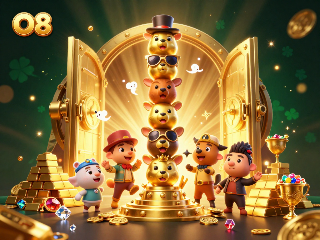 Spin the reels and unlock treasure with O8's vibrant casino-themed illustration featuring golden wealth.