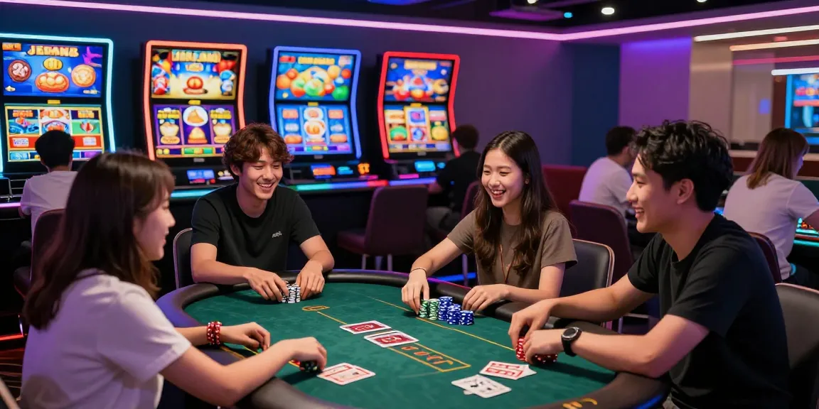 Players enjoying slot jepang games in a vibrant online gaming lounge, with exciting visuals and dynamic interactions.