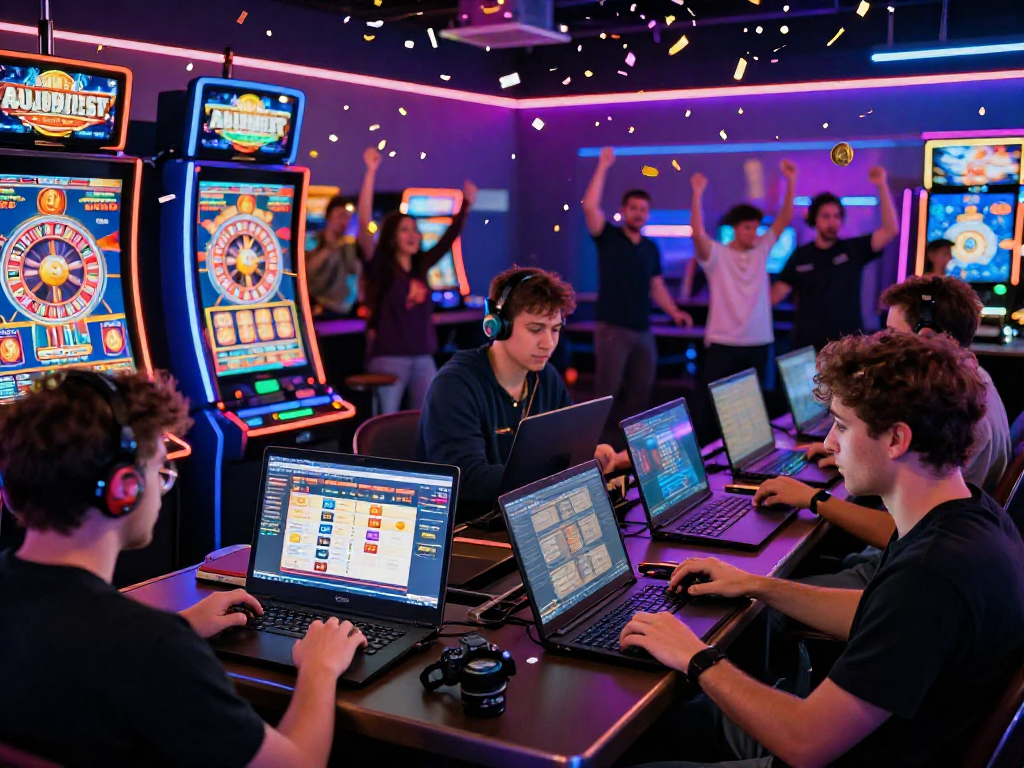 Engaging crypto casino scene showcasing players celebrating wins with digital slots and neon lights.
