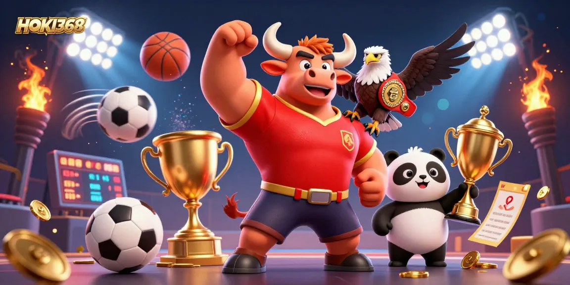 Celebrate victories with HOKI368's dynamic casino-themed illustration featuring winning characters.