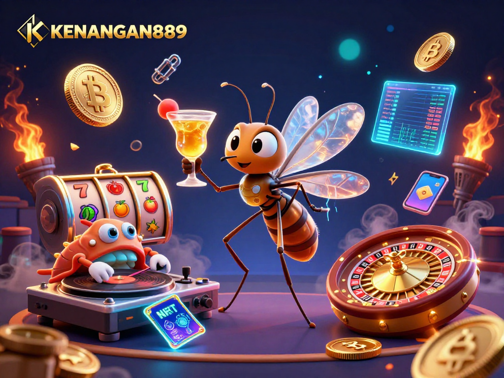 Engage with KENANGAN889 in this vibrant 3D casino scene showcasing thrilling slots and crypto elements.