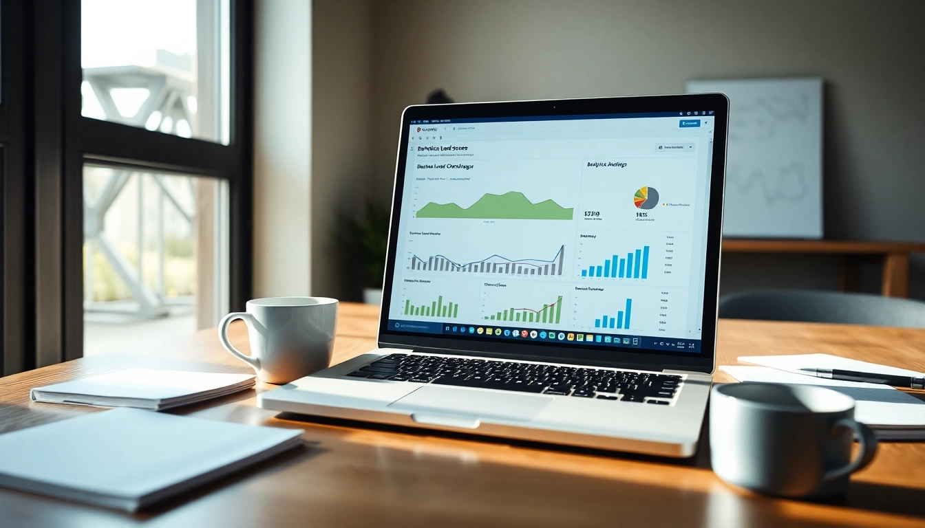 Illustration of a productive workspace featuring a behavioral lead scoring website dashboard highlighting marketing analytics.
