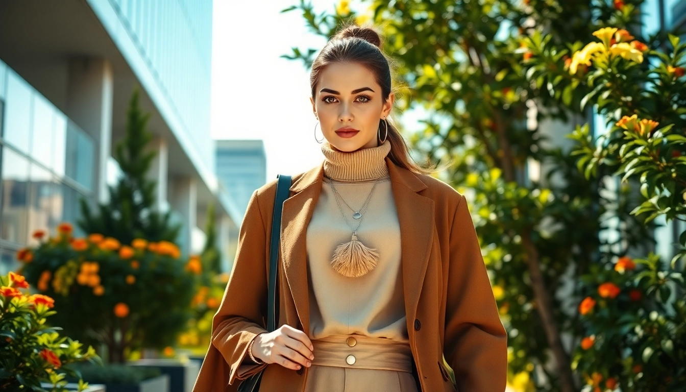 Rodo moteriški drabužiai elegantiškos moters, demonstruojančios stilių ir pasitikėjimą.