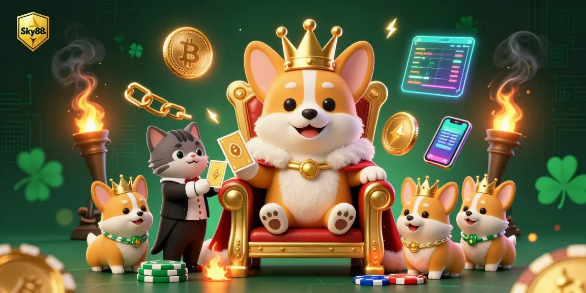 Sky88 celebrates a vibrant casino scene with a royal corgi, cat butler, and crypto elements.